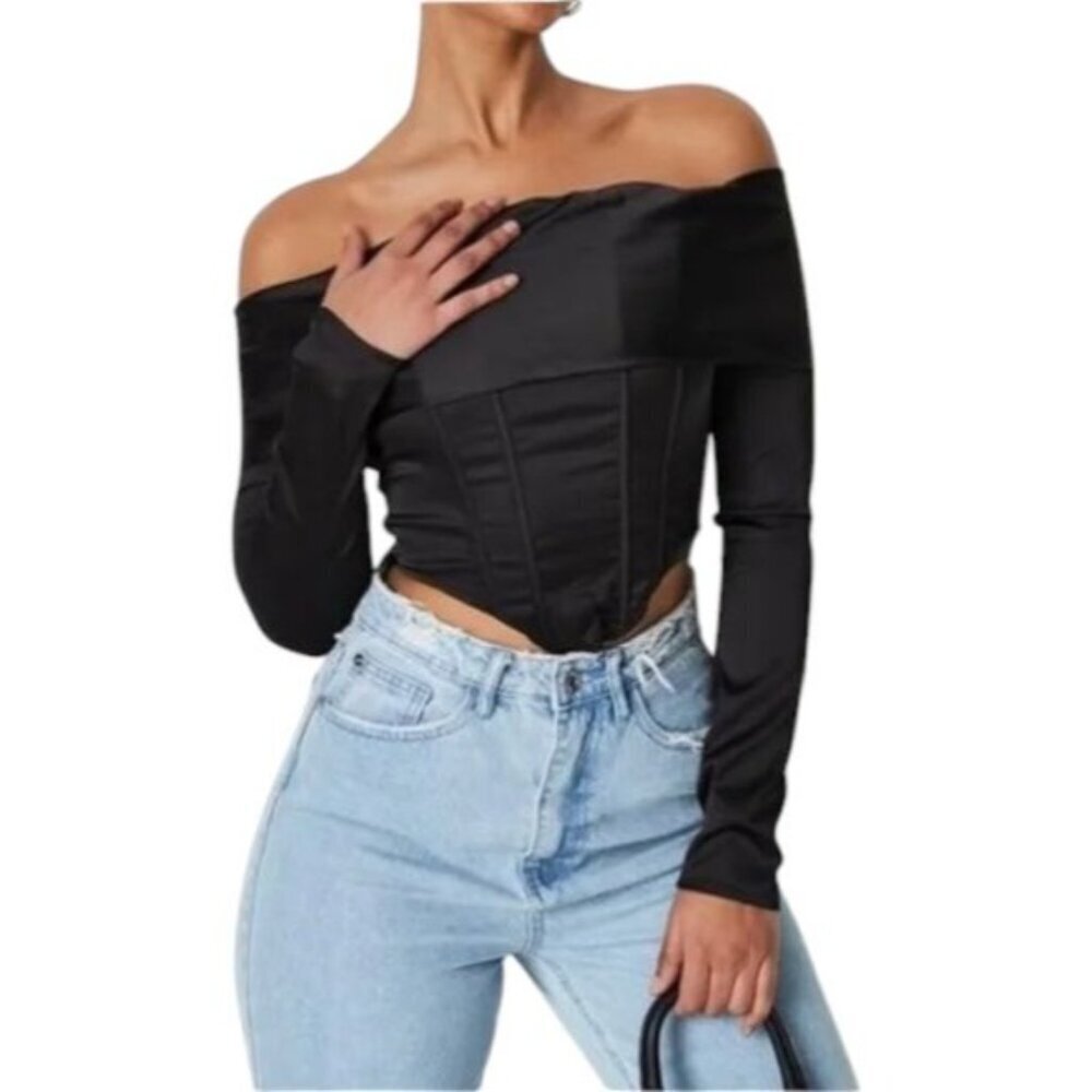 Missguided Bardot Black Satin Corset Top‎ Off Shoulder Zipper Back Womens 6